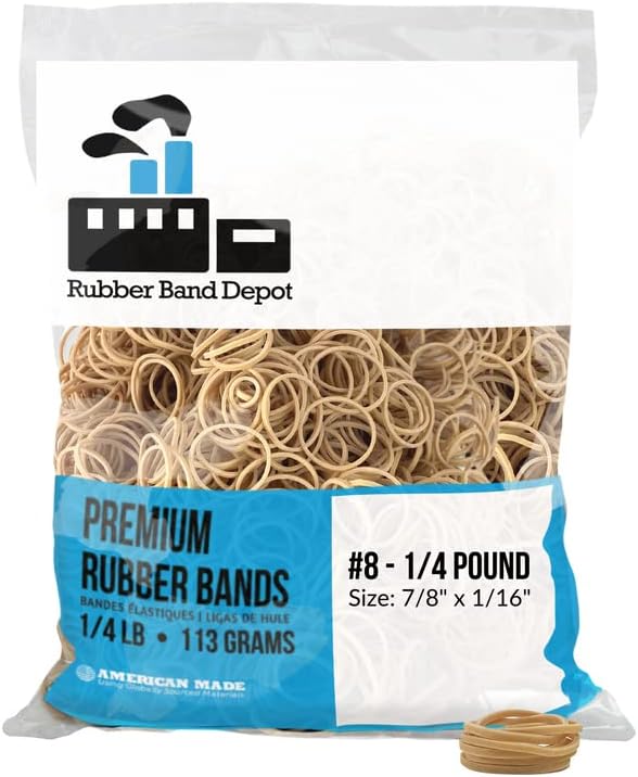 Rubber Band Depot, Size #8, Small Rubber Bands, Everyday Rubber Bands - Rubber Band Measurements: 7/8" x 1/16'' - Approximately 1,300 Rubber Bands Per Bag - 1/4 Pound Bag