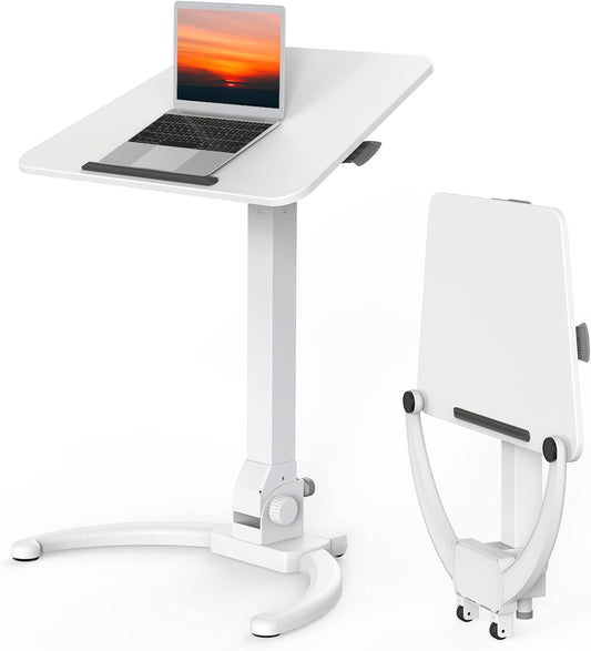 JOY worker Foldable Mobile Standing Desk, Height Adjustable Sit Stand Desk, 90° Tiltable Rolling Laptop Table, Portable Workstation with Wheels Non-Slip Mat for Home Office, Holds Up to 22lbs, White