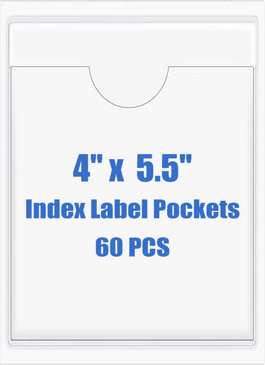 Origin-Joy 60 PCS Self Adhesive Index Card Pockets with Top Open, Clear Plastic Label Holder for Cards of Note, Library and Business, Adhesive Label Pockets & Card Holder (4 x 5.5 inch)