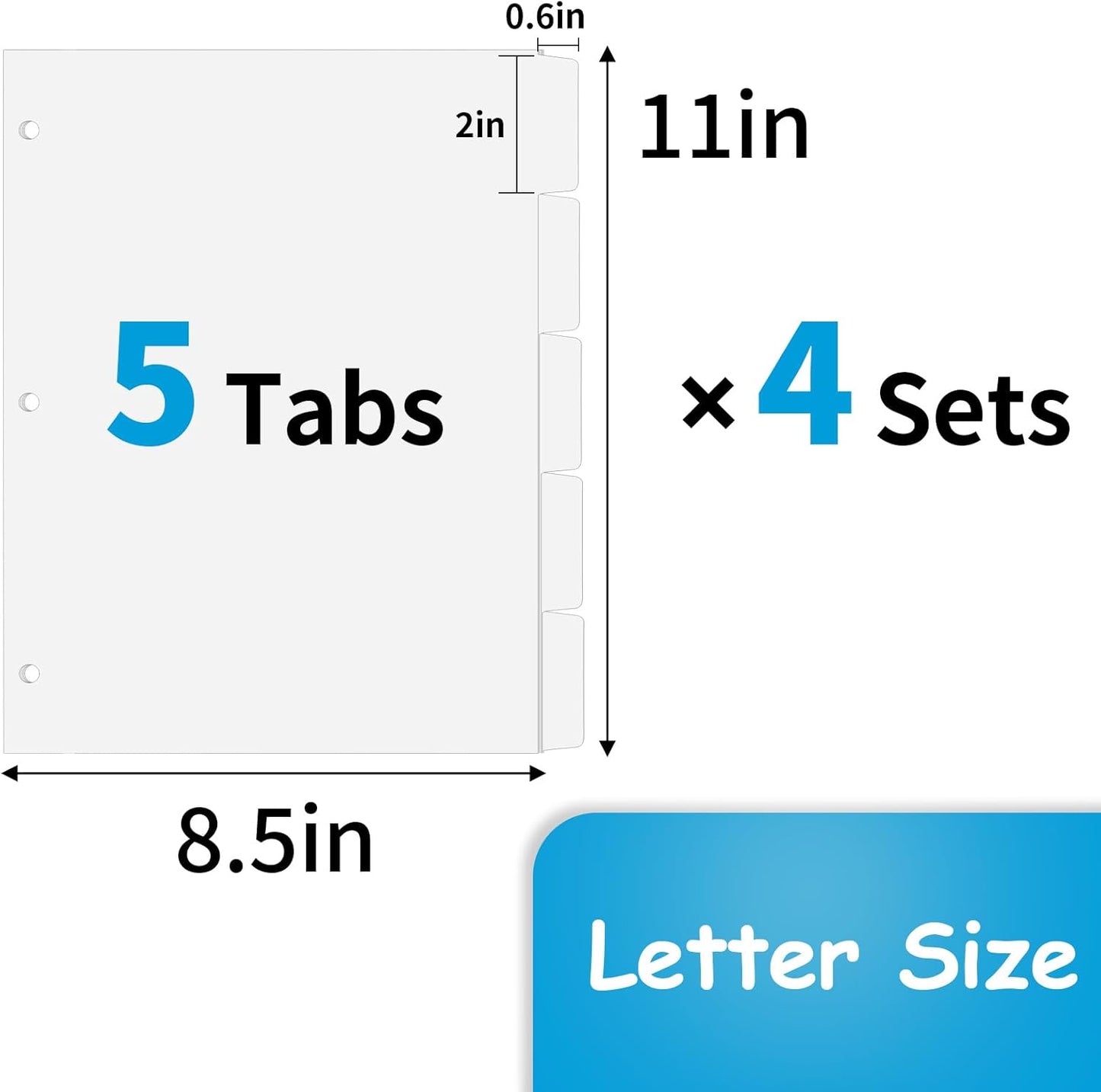 Binder Dividers for 3 Ring Binder, 1/5 Cut Tabs, Letter Size, Blank Write On Page Dividers with 5 Big Tabs for School Office Home, 4 Sets, 20 Dividers, White