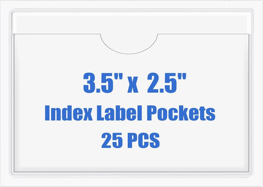 Origin-Joy 25 PCS Self-Adhesive Index Label Pockets, Clear Plastic Peel & Stick Card Holders with Top Open for Loading (3.5 x 2.5 inch)