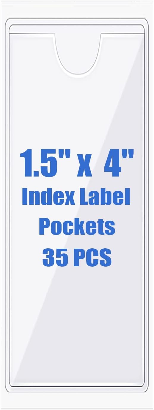 Origin-Joy 35 PCS Self Adhesive Index Card Pockets with Top Open, Clear Plastic Label Holder for Cards of Note, Library and Business, Adhesive Label Pockets & Card Holder (1.5 x 4 inch)