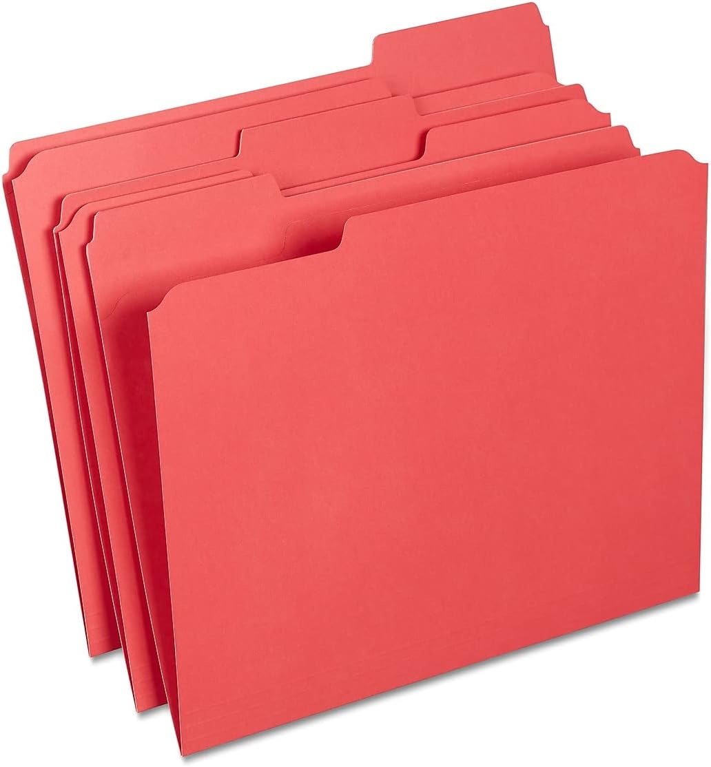 Staples 508978 Colored File Folders w/Reinforced Tabs Letter 3 Tab Red 100/Box