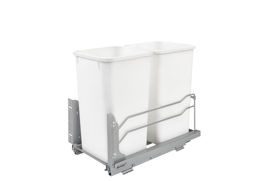 Rev-A-Shelf Double Pull-Out Trash Can for Under Kitchen Cabinets 27 Quart 12.5 Gallon with Soft-Close Slides, White, 53WC-1527SCDM-211