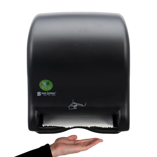 San Jamar Ecologic Smart Essence Recycled Plastic Electronic Paper Towel Dispenser, Universal Roll Capacity, Wall Mounted Dispenser with Zero Waste for Home and Business Universal, Black