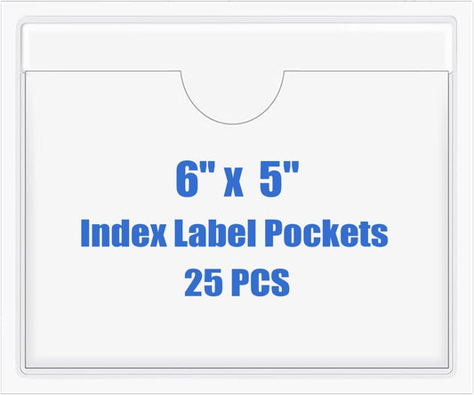 Origin-Joy 25 PCS Self-Adhesive Index Label Pockets, Clear Plastic Peel & Stick Card Holders with Top Open for Loading (6 x 5 inch)