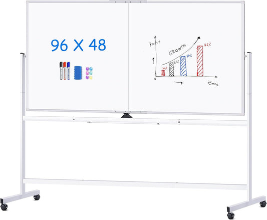 maxtek Rolling Whiteboard, 96x48 Large Double-Sided White Board Dry Erase on Wheels, Giant Magnetic White Board Standing for Office, School, Home Office, Homeschool