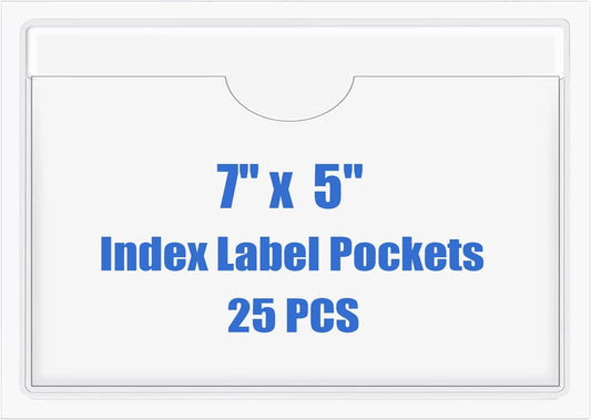 Origin-Joy 25 PCS Self-Adhesive Index Label Pockets, Clear Plastic Peel & Stick Card Holders with Top Open for Loading (7 x 5 inch)