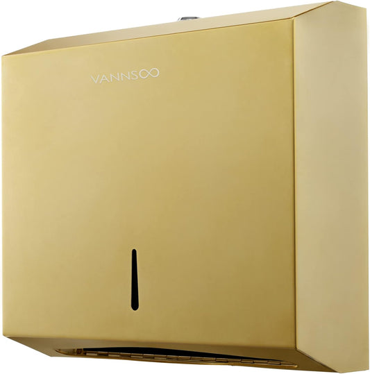 Commercial Paper Towel Dispenser Wall Mount, Tri-fold/Multi-fold/C-Fold Stainless Steel Paper Towel Holder Hand Towel Dispenser with Key (Gold)