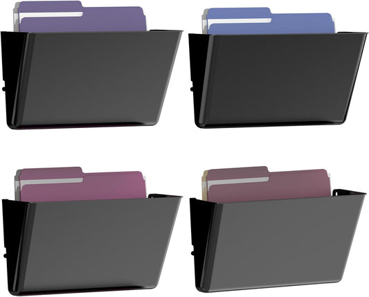 4 Pack Clear Acrylic Single Pocket, Plastic Hanging Wall Mount File Holder for Office Home, Black