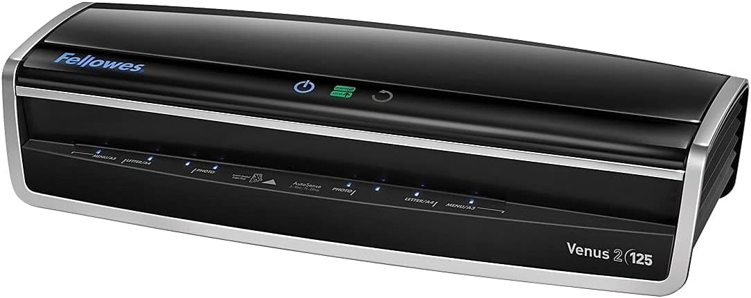 Fellowes Laminator Venus 2 125, Rapid 30-60 Second Warm-up Laminating Machine, with Laminating Pouches Kit (5734801), Black, Silver, 5.1" x 21.3" x 8.2"