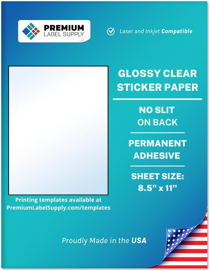 Premium Label Supply Glossy Clear Sticker Paper – 8.5" x 11" Full Sheet Labels – Laser/Inkjet Compatible – 10 Sheets