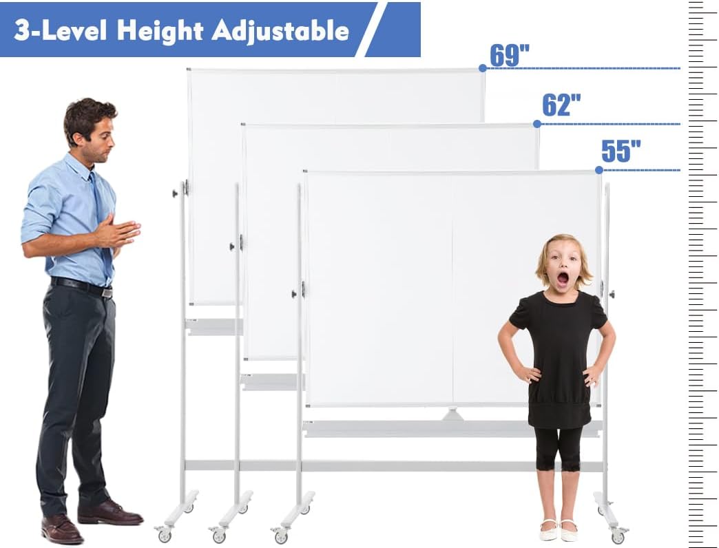 FORTUNO Magnetic Mobile Whiteboard 48"x36", Rolling Double Sided Dry Erase Board with Stand, Reversible Adjustable Height/Angle Easel White Board on Wheels 4' x 3' for Office Classroom Home