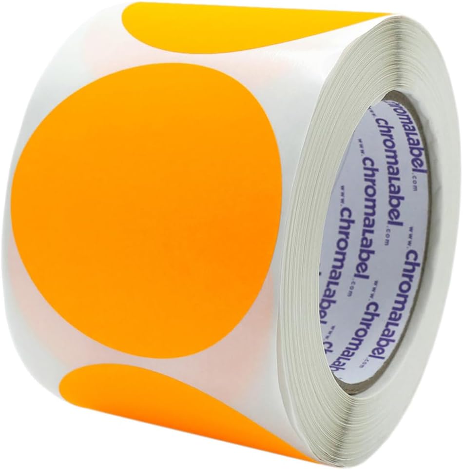 ChromaLabel 3 Inch Circle Sticker Labels, High Visibility Round Colored Stickers, Permanent Adhesive Labels - 500 Sticky Dots per Roll, Fluorescent Orange Dot Stickers