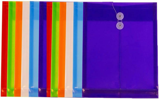 JAM PAPER Plastic Envelopes with Button & String Tie Closure - Letter Open End - 9 3/4 x 11 3/4 - Assorted Colors - 12/Pack