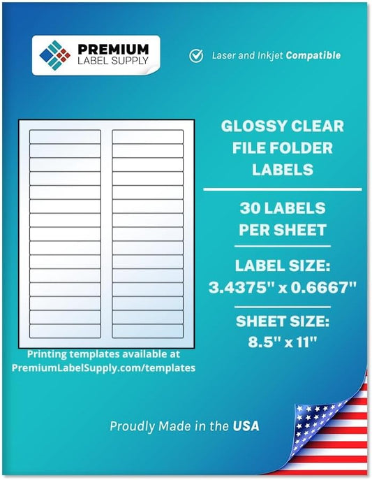 Premium Label Supply Glossy Clear File Folder Labels – 3.4375" x 0.6667" – Laser/Inkjet Compatible – (30 per Sheet), 10 Sheets – 300 Total Adhesive Labels