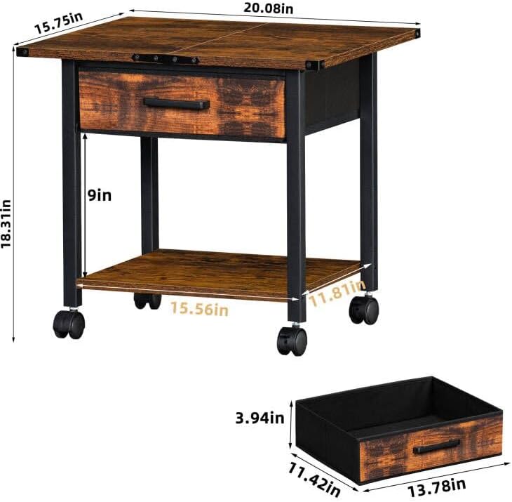 Lerliuo Under Desk Rolling Printer Stand with Drawer, 2-Tier Industrial Mobile Printer Table Desk with Storage Shelf and Steel Frame, Printer Cart Holder with Lockable Wheels for Home, Office (Brown)