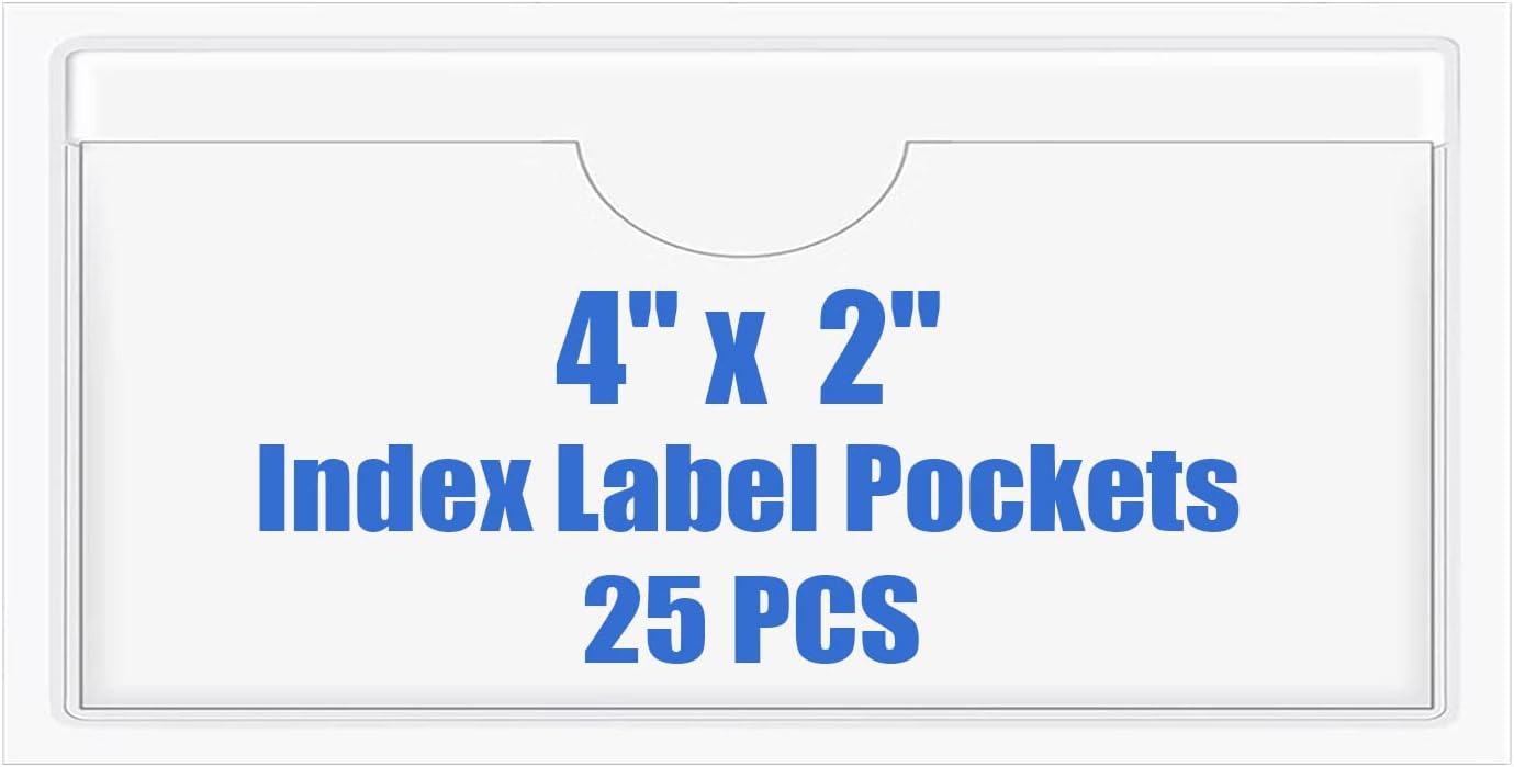 Origin-Joy 25 PCS Self-Adhesive Index Label Pockets, Clear Plastic Peel & Stick Card Holders with Top Open for Loading (4 x 2 inch)