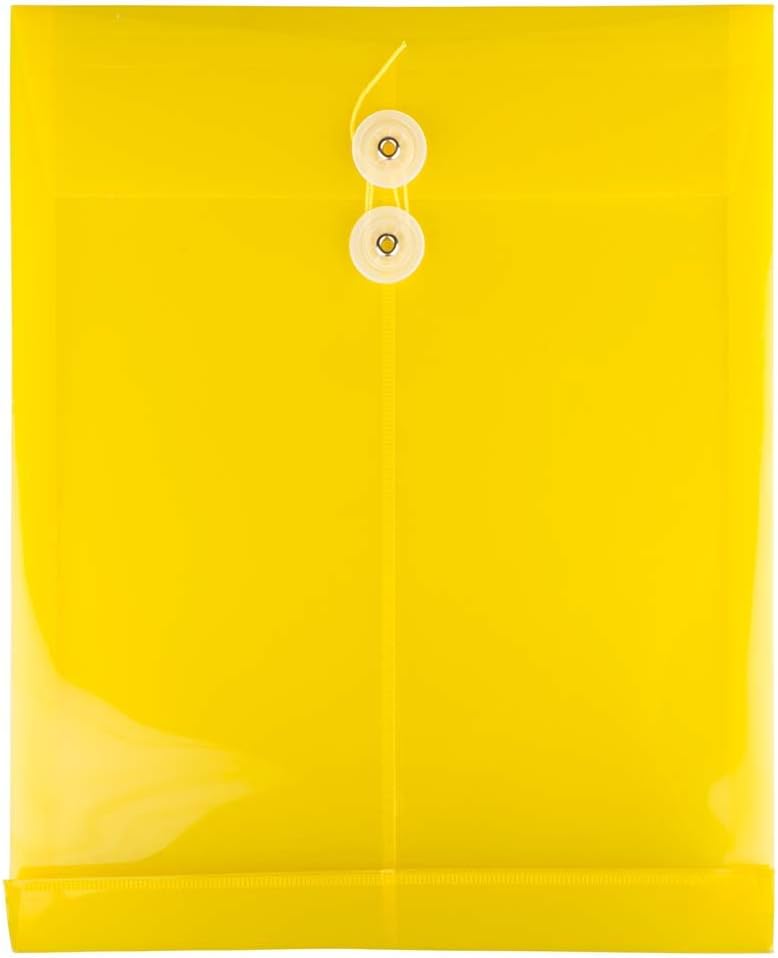 JAM PAPER Plastic Envelopes with Button & String Tie Closure - Letter Open End - 9 3/4 x 11 3/4 - Yellow - 12/Pack