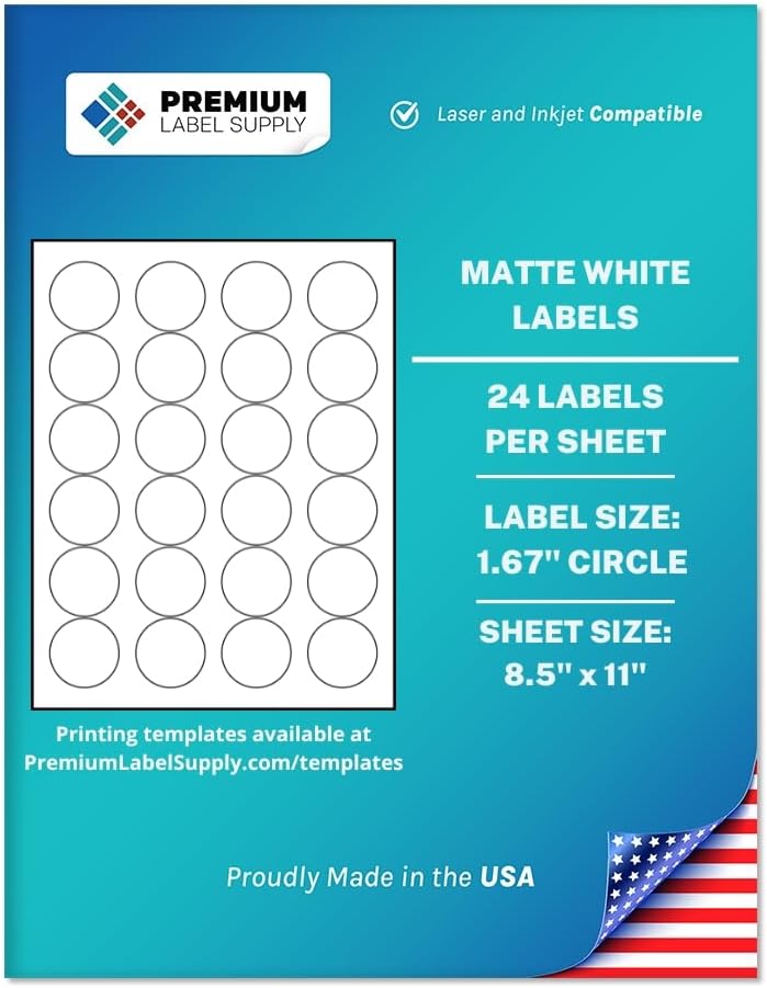 Premium Label Supply White Sticker Round Labels – 1-2/3" Circle – Laser/Inkjet Compatiblee – (24 per Sheet), 1000 Sheets – 24,000 Total Adhesive Labels