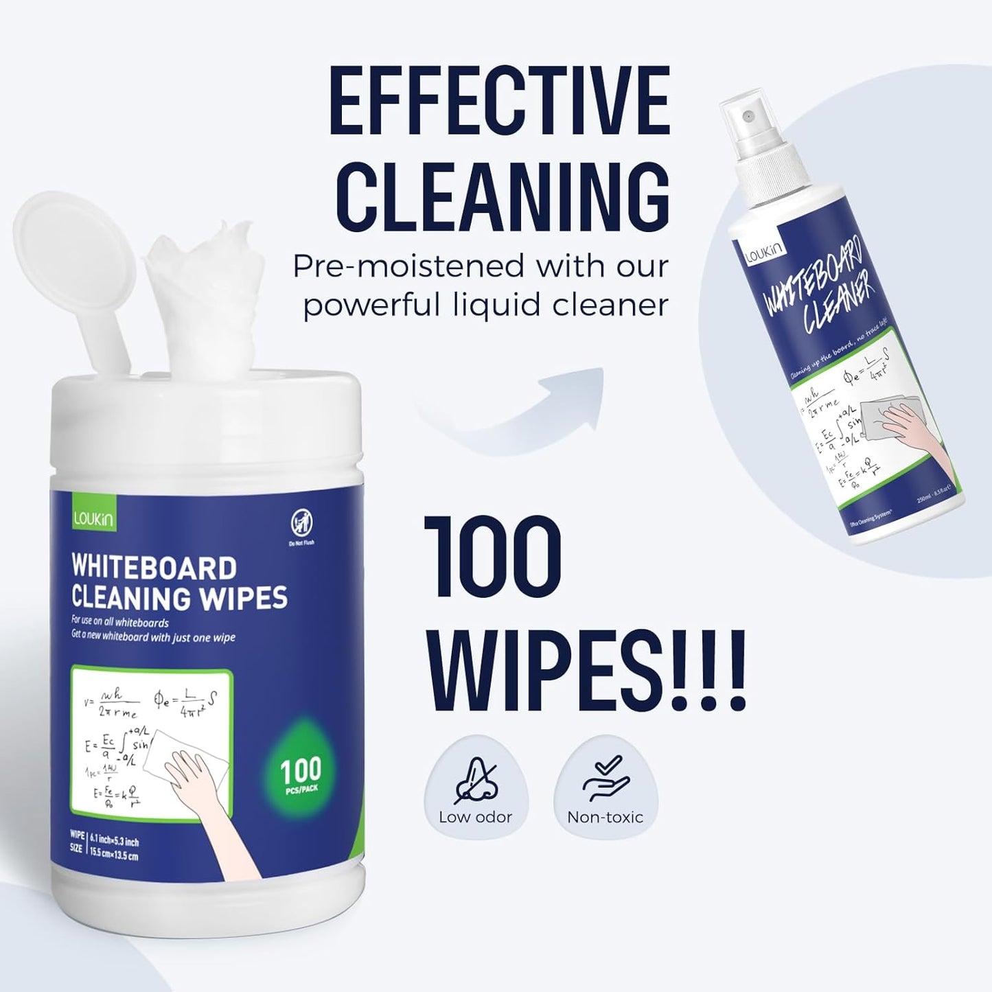 Loukin Whiteboard Cleaning Wipes, Dry Erase Board Cleaning Wipes, Non-toxic White board Wipes, 100 Wipes per Canister, 6 Pack
