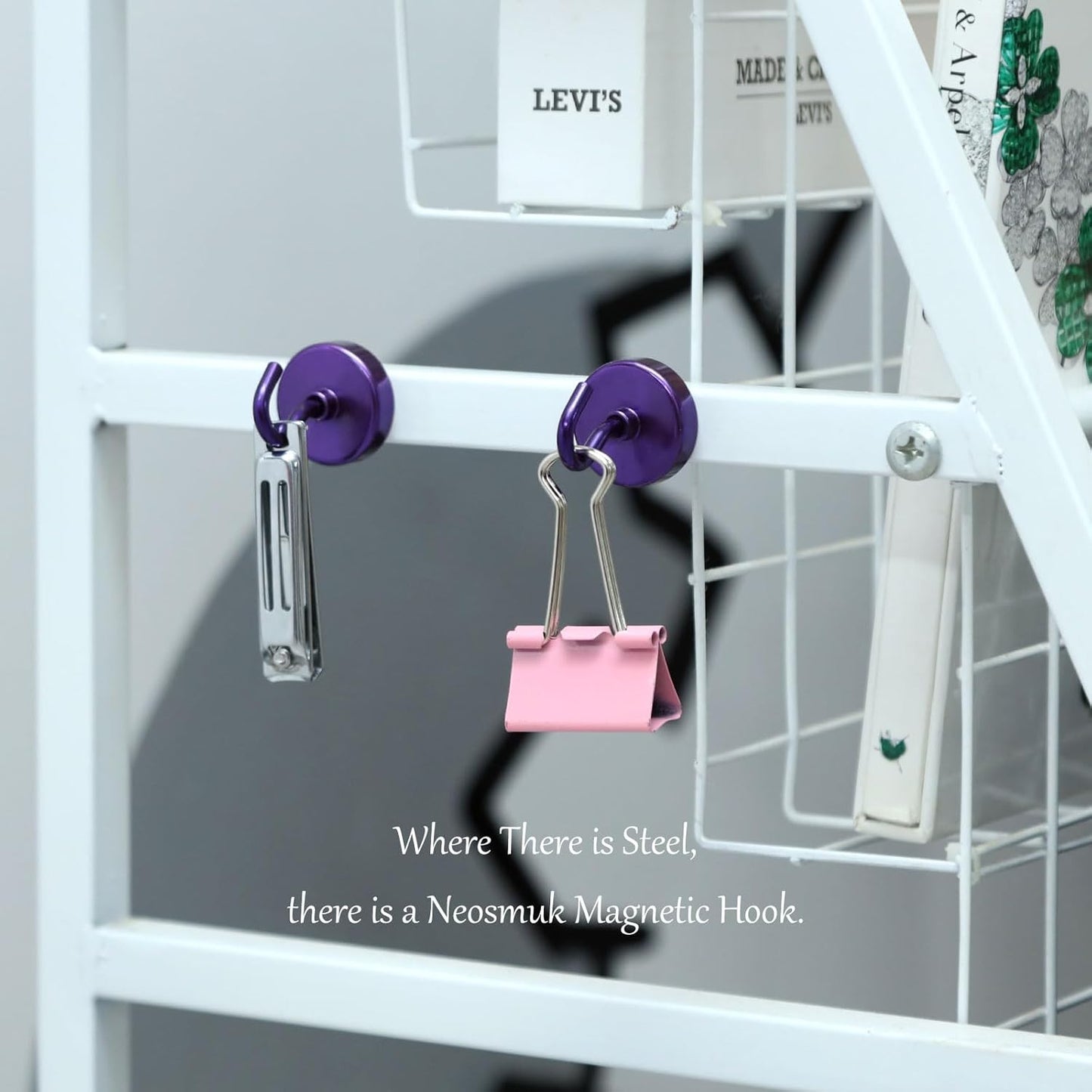 Neosmuk Magnetic Hooks Heavy Duty,Strong Magnet with Hook for Fridge, Super Neodymium Extra Strength Industrial Hooks for Hanging, Magnetic Hanger for Toolbox, Cruise, Grill(Purple,4 Pack)