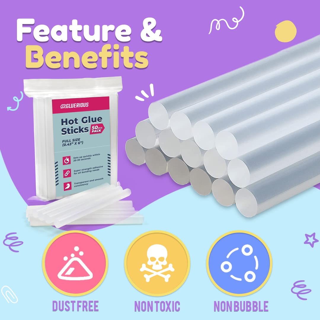 50pcs Full Size Hot Glue Sticks for Large Glue Gun, 0.43x6 inches Large Glue Sticks, Bulk-Pack for Arts Crafts DIY Fabric Gluing & More