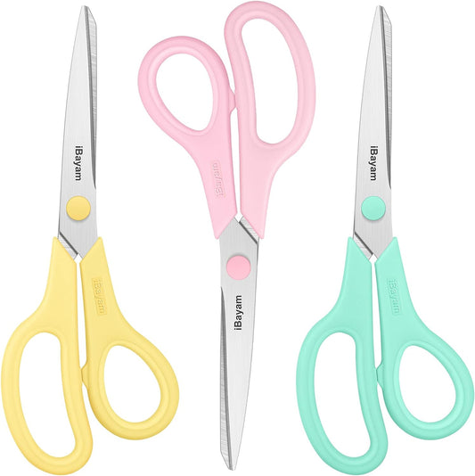 Scissors, iBayam 8" All Purpose Scissors Bulk 3-Pack, Ultra Sharp 2.5mm Thick Blade Shears Comfort-Grip for Office Desk Accessories Sewing Fabric Home Craft School Supplies, Right/Left Handed