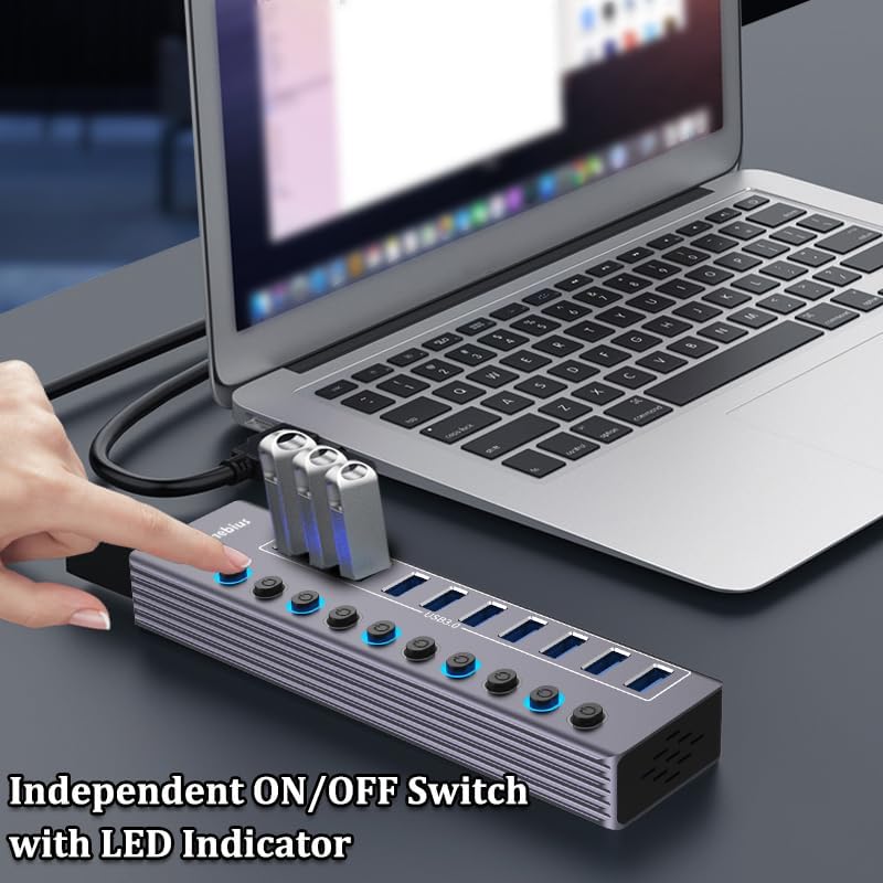 Powered 10-Port USB 3.0 Hub, USB C to 10 Ports USB Data Hub Splitter with Individual LED On/Off Switche, 3.3FT Cable, 12V/3A Power Adapter, for Laptop MacBook Pro/Air PC (Aluminum Gary)