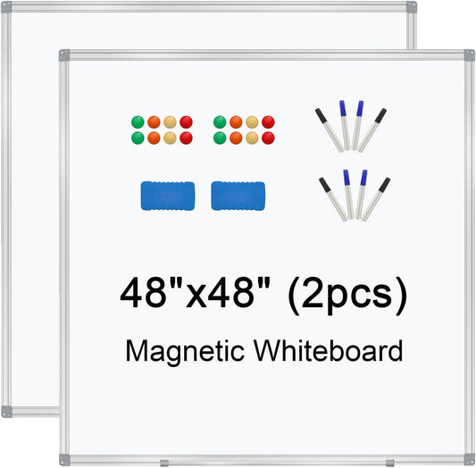 H-Qprobd 4' x 4' (2 Pack) Dry Erase Board for Wall Magnetic Presentation Whiteboard with Long Pen Tray, Wall-Mounted White Boards for Home, Office & School