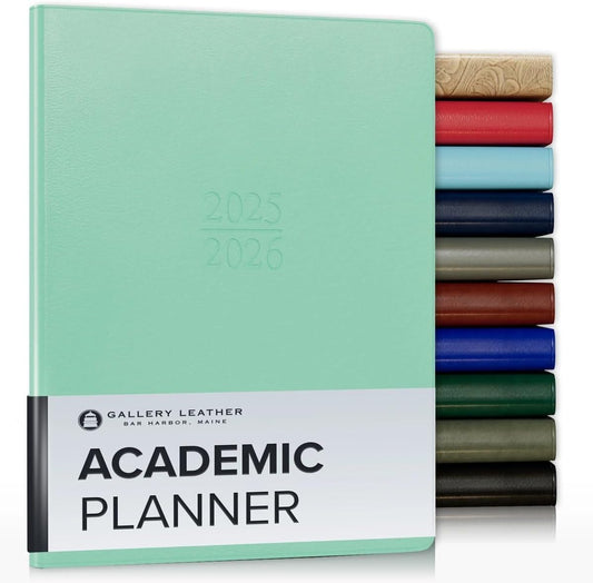 Gallery Leather Academic Planner 2025-2026, Teacher and Student Weekly Monthly Planner, Elegantly Bound Calendar with Gold-Gilded Page Edges, 18 Months - Caribbean Sea Glass - 9x7"