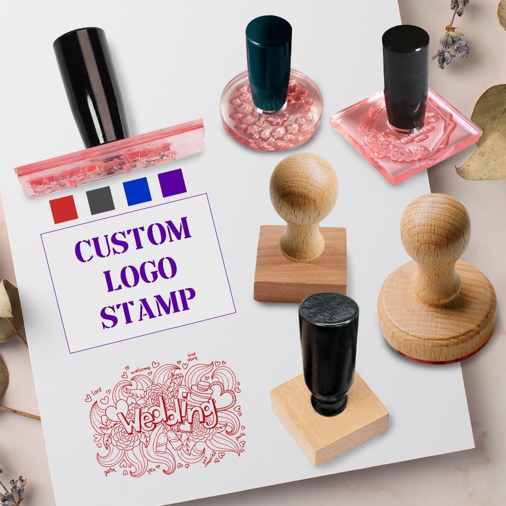 Personalized Logo/Address/Name Stamps -Custom Wooden Rubber Stamp, Multiple Sizes Stamps for Business (Square Stamp)