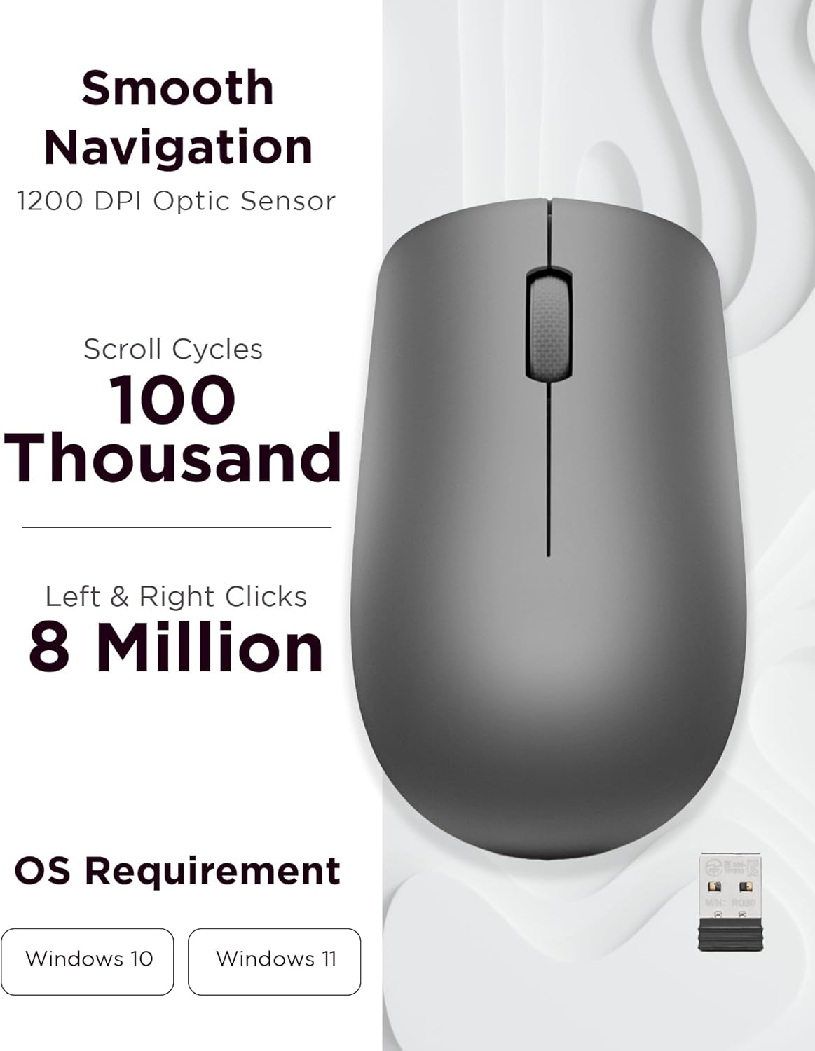 Lenovo 530 Full Size Wireless Computer Mouse for PC, Laptop, Computer with Windows - 2.4 GHz Nano USB Receiver - Ambidextrous Design - 12 Months Battery Life - Graphite Grey