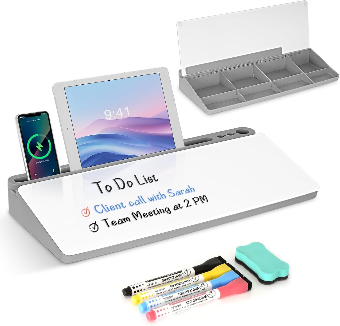 Desktop Glass Whiteboard with Storage, Grey Desk Dry Erase White Board with Computer Keyboard Stand, Desk Organizers and Accessories with Removable Cubicles for Office, Home, College, School