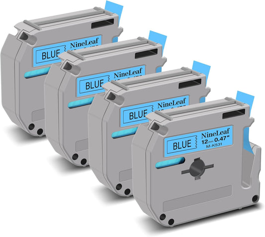NineLeaf 4 Pack Compatible for Brother P-Touch M Tape M-K531 M-K531S MK531 M531 12mm 0.47'' Black on Blue Label Tape for PT-70BBVP PT-70BMH PT-70HK PT-70HOL PT-70HOT Label Maker