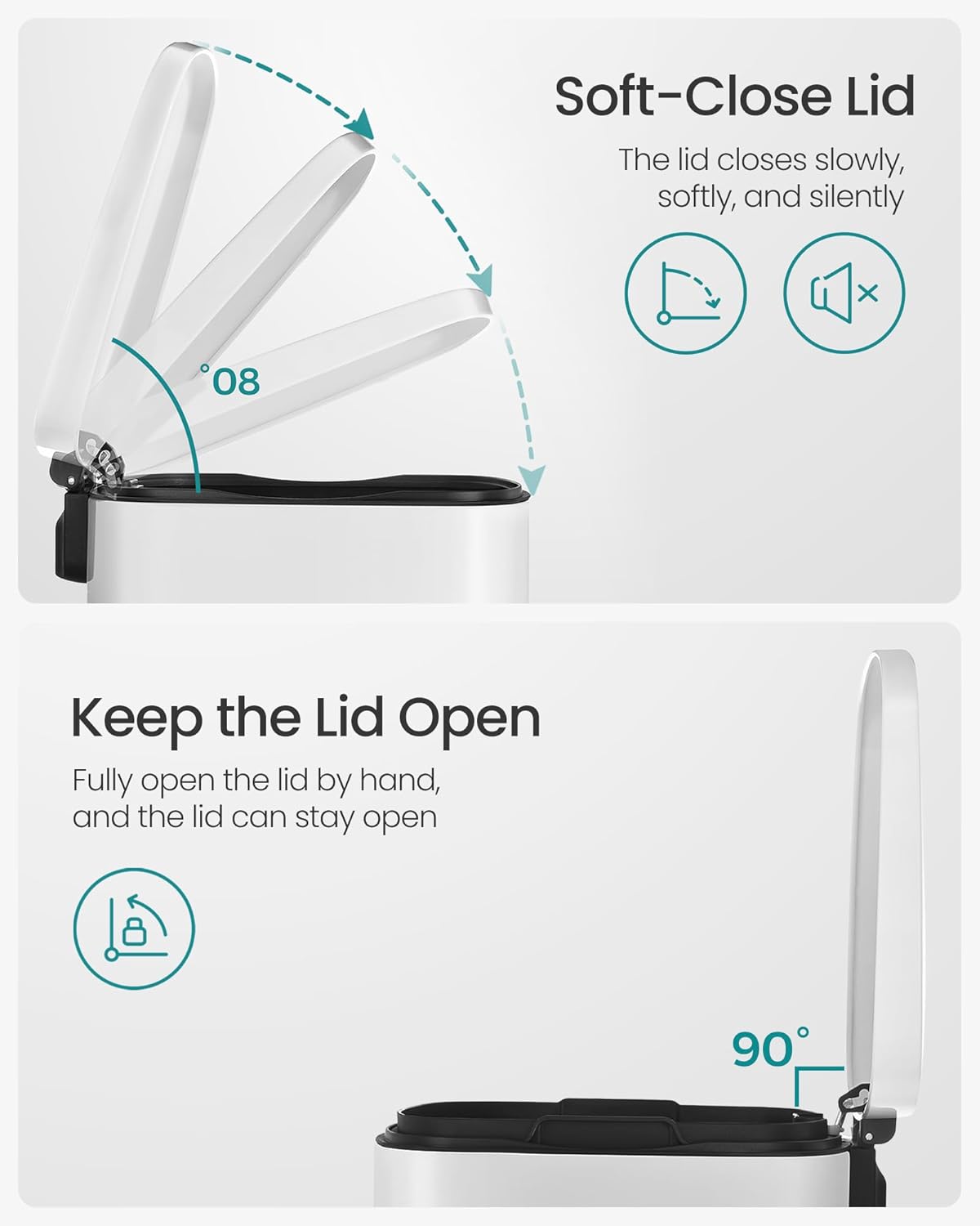 SONGMICS 13 Gallon (50 L) Trash Can, Stainless Steel Kitchen Garbage Can, Recycling or Waste Bin, Soft Close, Step-On Pedal, Removable Inner Bucket, White ULTB050W01