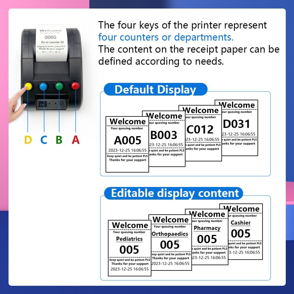 Take a Number Printer Ticket Thermal Printer Ticket Machine with 57mm Receipt Ticket Roll Show Different Department Name and Queue Number for Wireless Calling System for Haunted House(TP-4 Way)