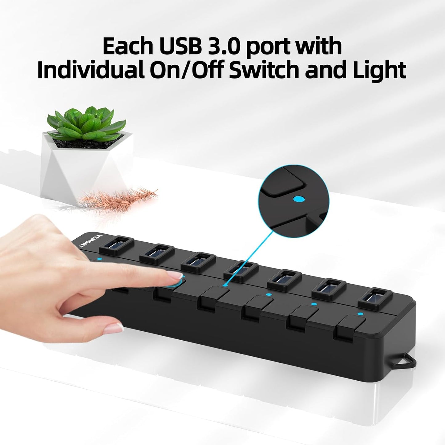 USB hub,7 Port USB 3.0 Hub,VEMONT USB Splitter with Individual On/Off Switches and Lights, 4ft/1.2m USB HUB Long Cable, USB Extension for Laptop and PC Computer