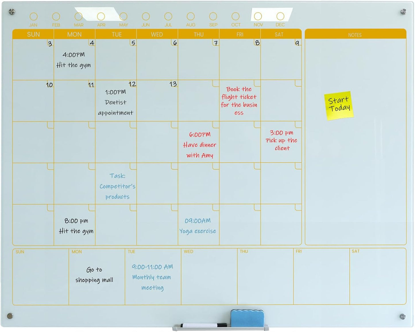 Magnetic Glass Planner Writeboard 36"X48" Monthly/Weekly 3 in 1 Calendar Premium Tempered Glass Dry Erase Boards Frameless Wall Mounted (White)