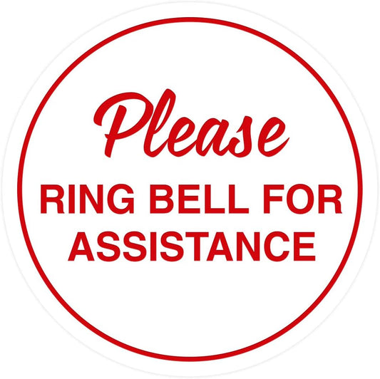 Signs ByLITA Circle Please Ring Bell For Assistance Wall or Door Sign | Easy Installation | Front Desk Reception Sign (White/Red) - Small (2 Pack)