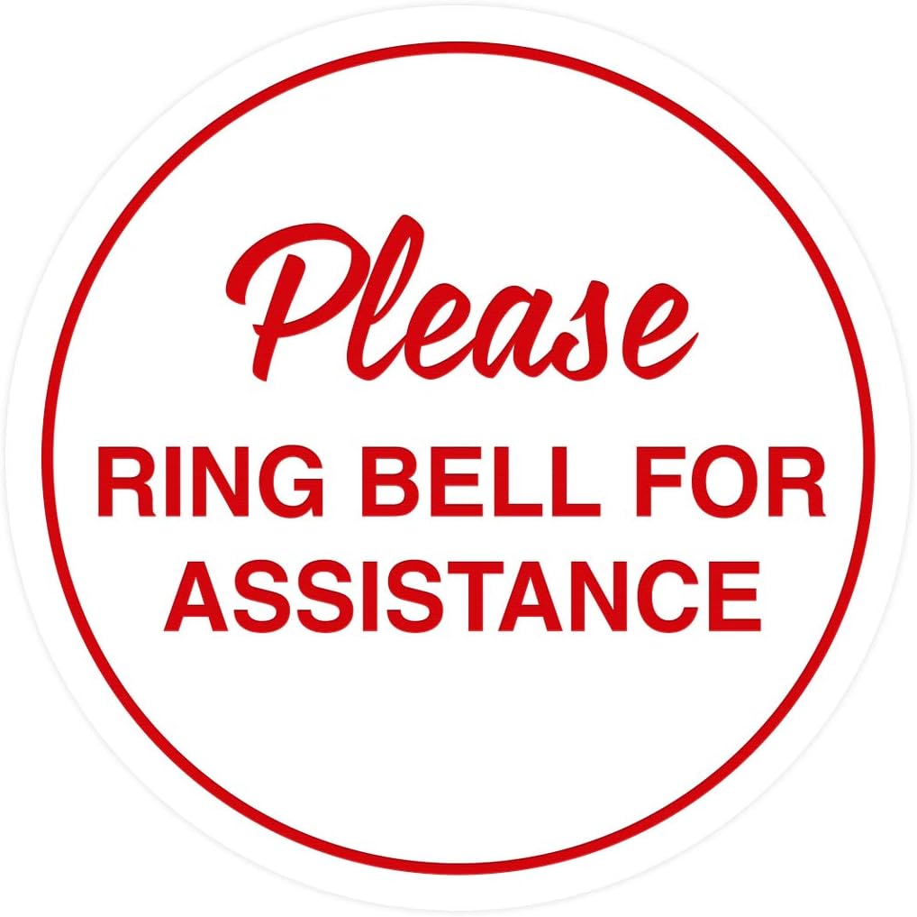 Signs ByLITA Circle Please Ring Bell For Assistance Wall or Door Sign | Easy Installation | Front Desk Reception Sign (White/Red) - X-large (10 Pack)