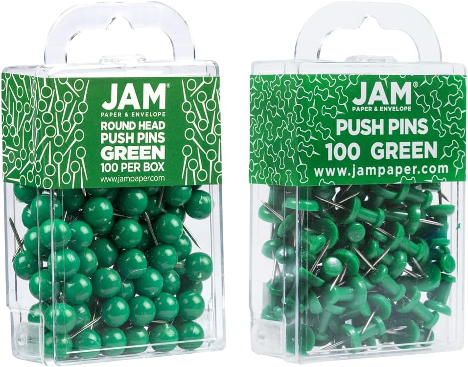 JAM PAPER Colorful Push Pins - Flat & Round Head Thumb Tack Combo Set - Green Pushpins - 200/Pack