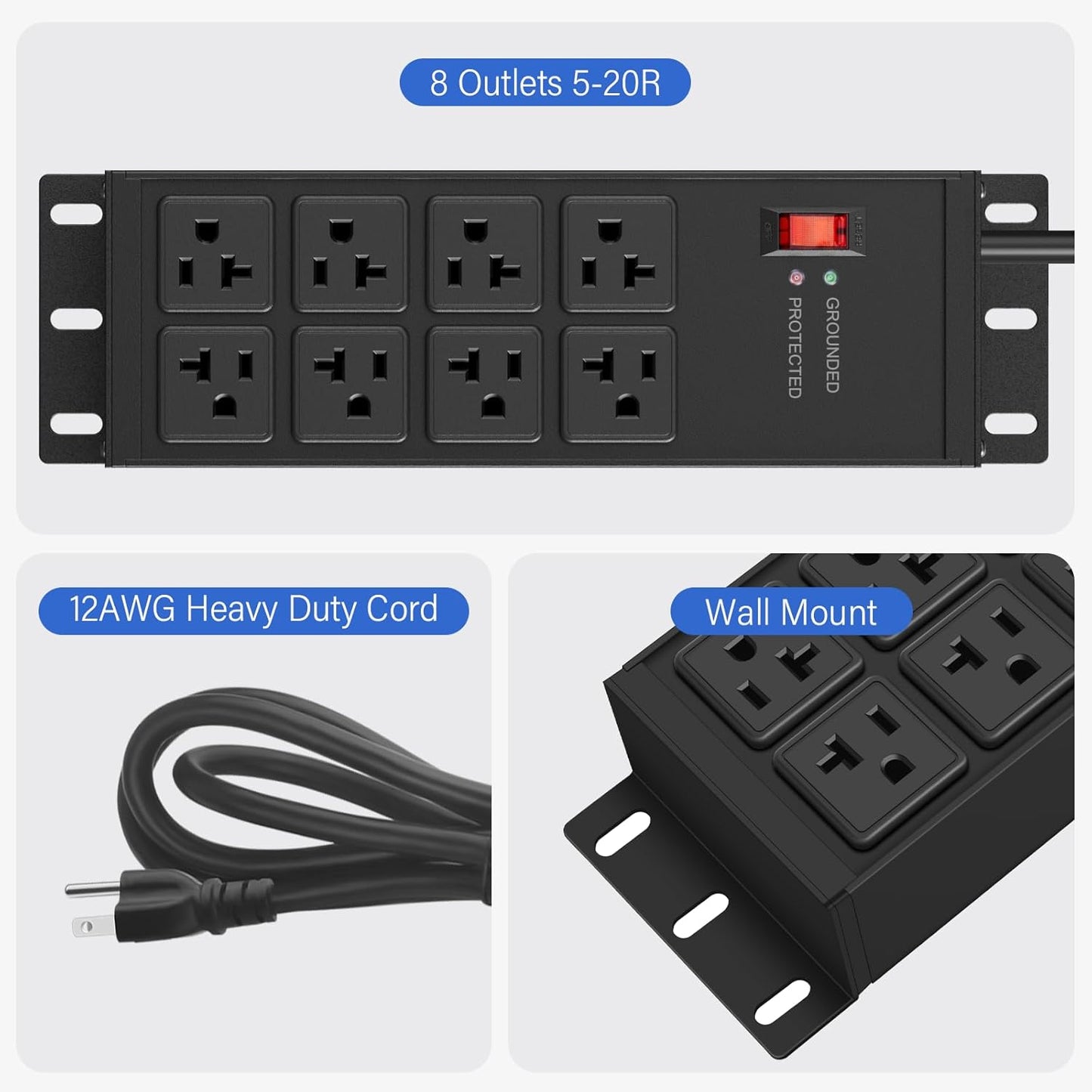 CCCEI 2PCS Heavy Duty Power Strip Surge Protector 20 AMP, 8 Outlets 12 Gauge Shop Garage Metal Multiple Outlets, 10 FT Extension Cord 5-15P Adapter High Amp 6-20R T-Slot 20a for Appliance Black.