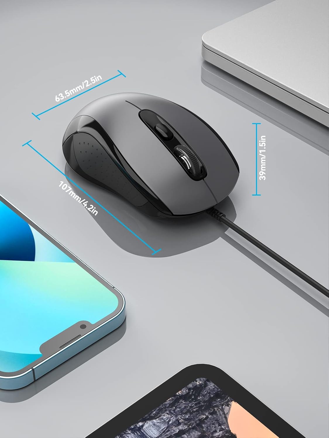 TECKNET USB Wired Computer Mouse, 4-Level Adjustable 3600DPI, Ergonomic with 6 Buttons, 18 Months Battery Life, Portable for Small Medium Hand