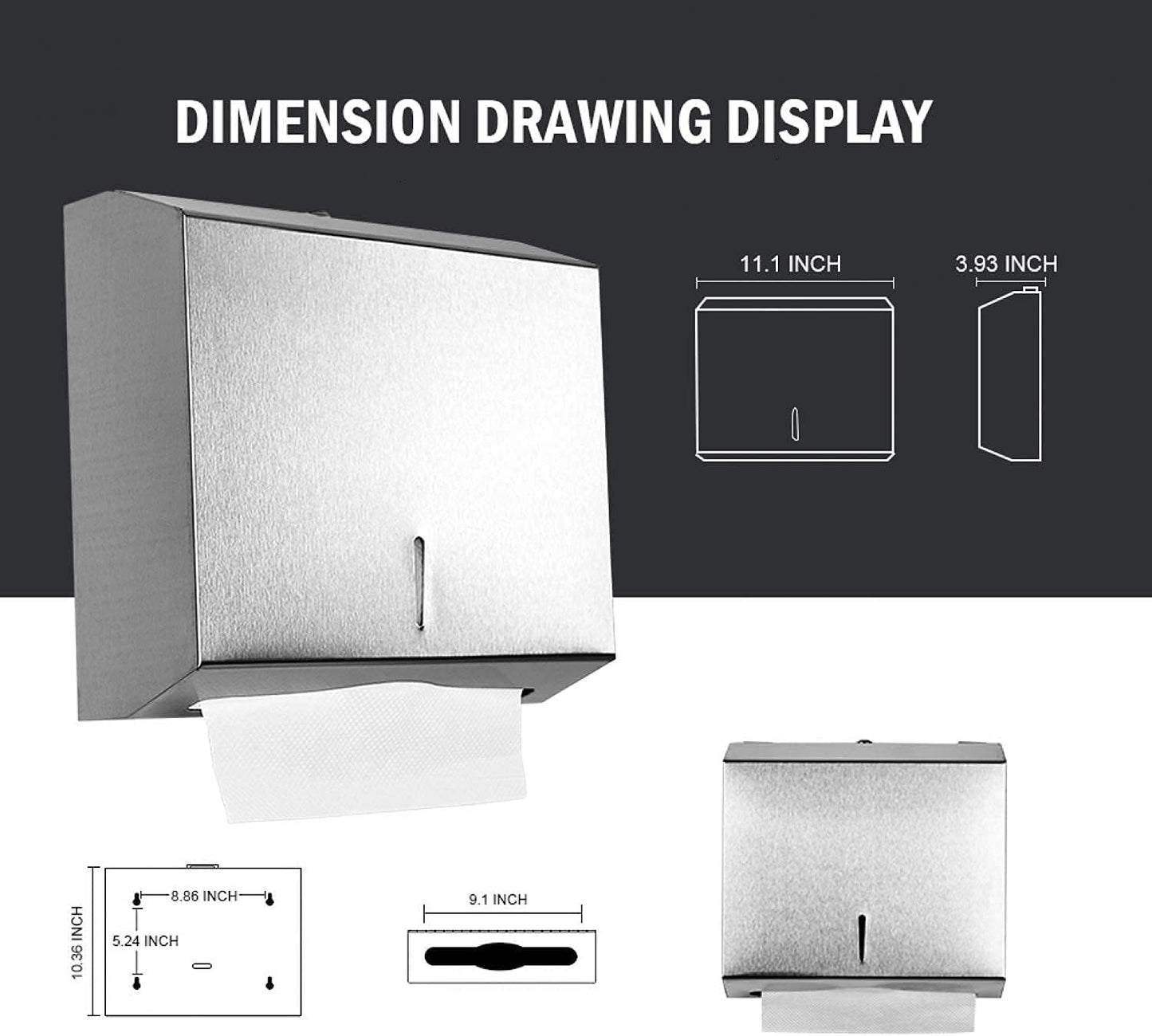Wall-Mounted Comercial Paper Towel Dispenser, Brushed Stainless Steel Bathroom Hand Towel Dispenser with Lock Design, Large Capacity 250 C-Fold 300 Multi-Fold Capacity