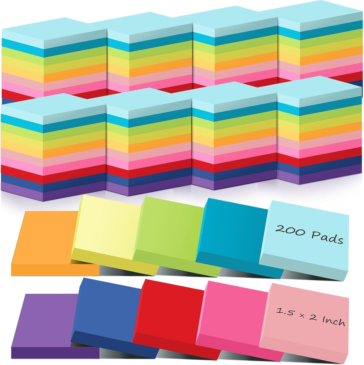Zubebe 200 Pads Sticky Notes Bulk, Bright Colors Notepads Self Stick Note Square Memo Post Sticky for Office School, 45 Sheets/pad(1.5 × 2 Inch)