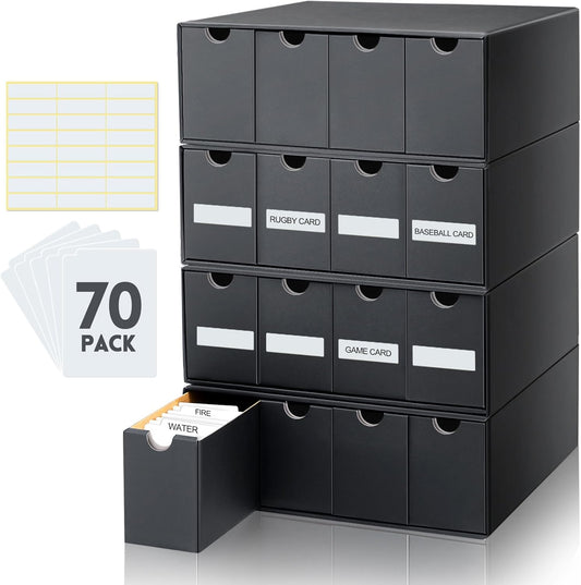 Cholemy Trading Card Storage Box 15000+ with 70 Cardboard Storage Divider, Label Sticker for Collection Compatible with TCG, Sport Cards(4 Row, 4 in A Row,Black)