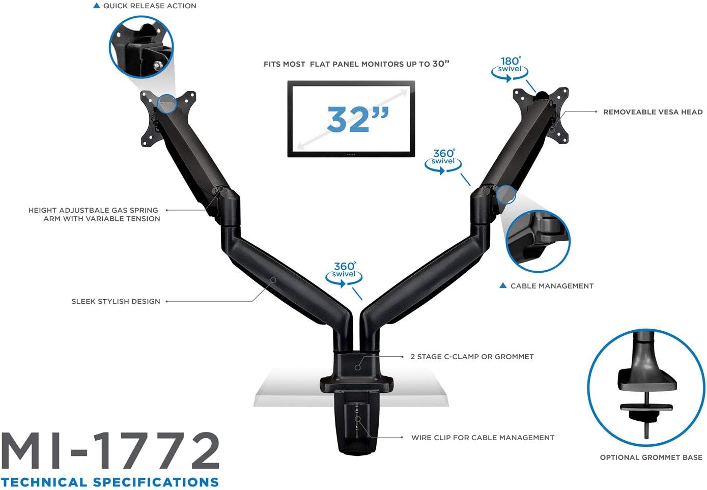 Mount-It! Dual Monitor Arm Mount | Desk Stand | Two Articulating Gas Spring Height Adjustable Arms | Fits 2 x 24 27 29 30 32 Inch VESA 75 100 Compatible Screens | C-Clamp and Grommet Bases (Black)