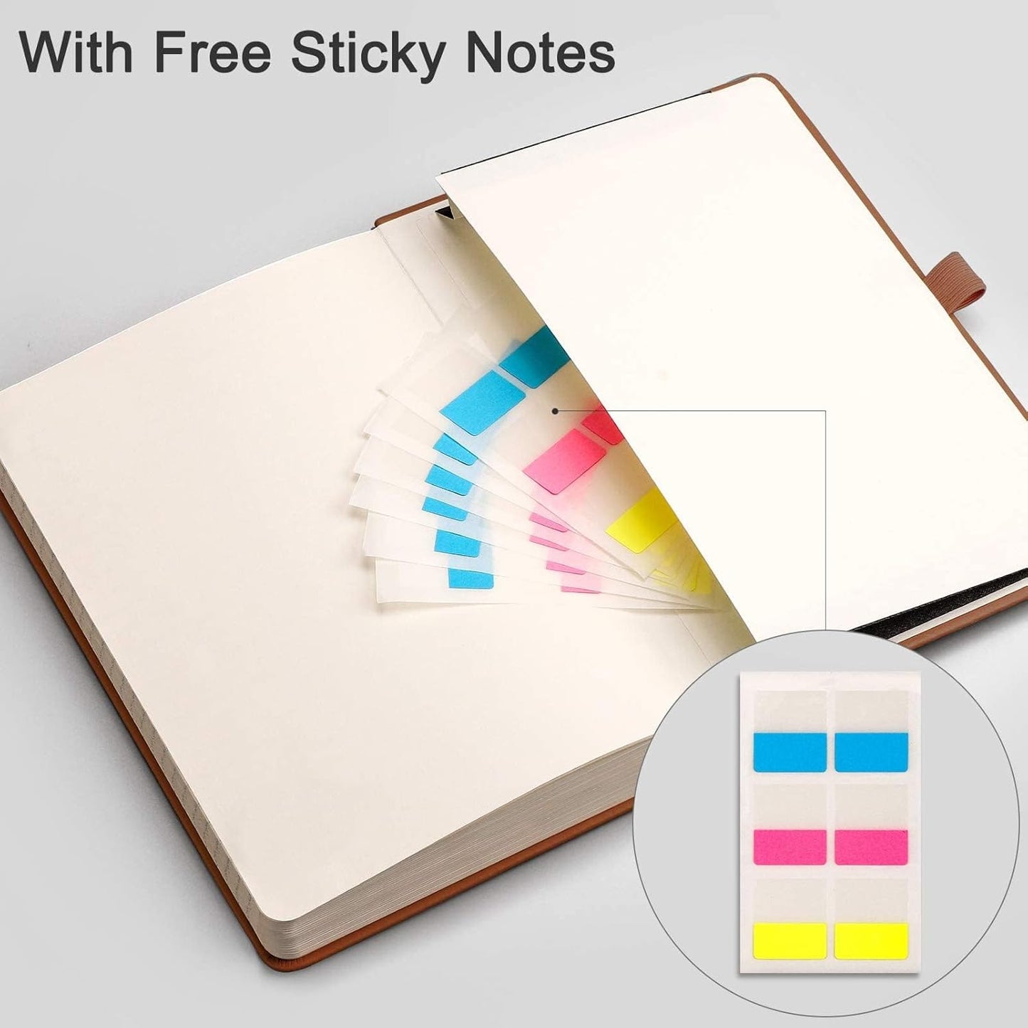 EMSHOI Lined Journal Notebook, 120 gsm Leather Hardcover with Sticky Notes & 256 Numbered A5 Pages – College Ruled Notebook for Writing, Work, School, Men, Women | 5.75”x8.38” – Brown