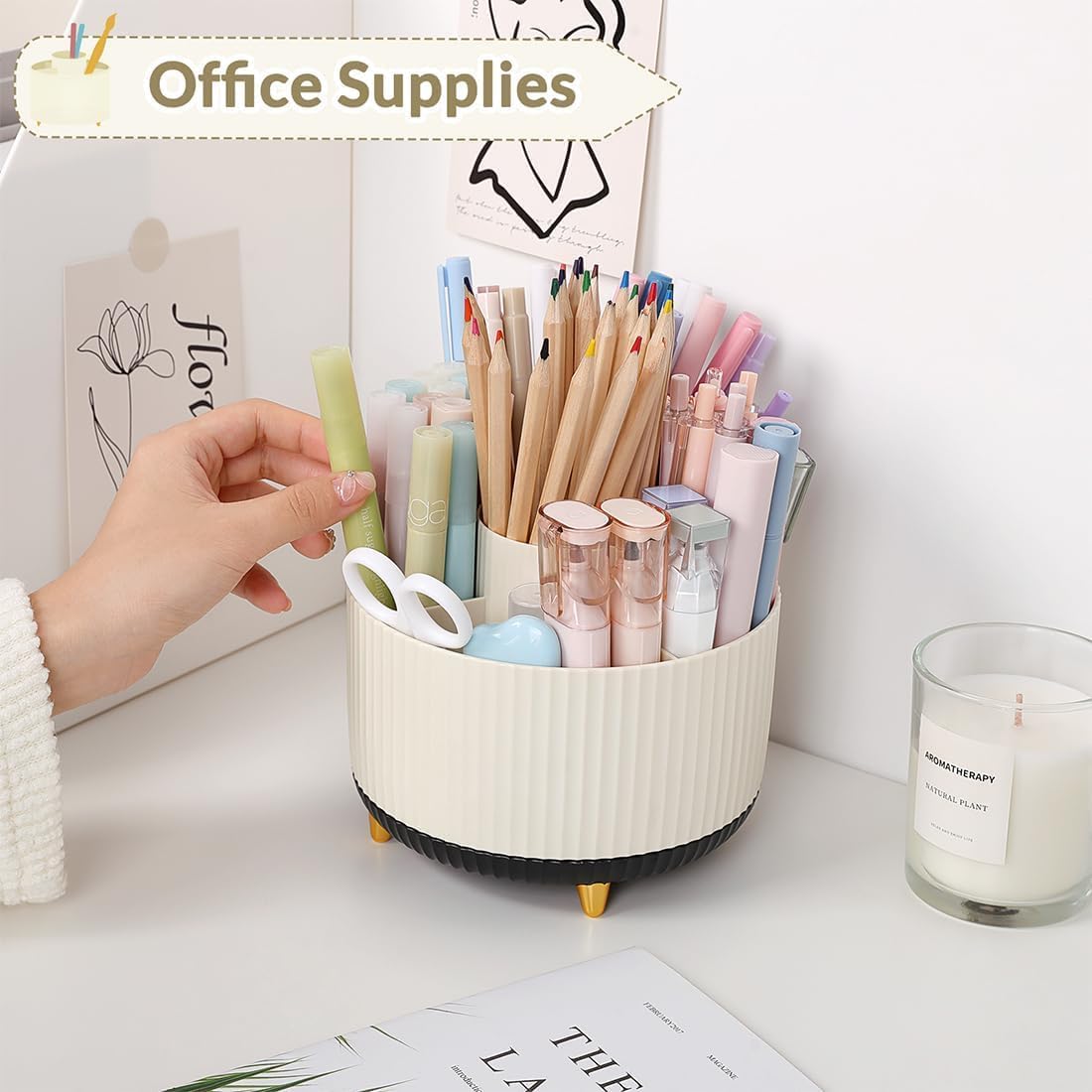 SKYDUE 360 Rotating Organizer, Dual-Purpose Pencil Pen Holder, 5-Slot Rotating Pencil Cup for Office, School, Home (Beige-Black)